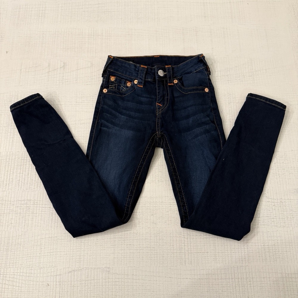 TRUE RELIGION Jennie Curvy Mid Rise Skinny Blue Jeans Size 23 Orange Stitch EUC